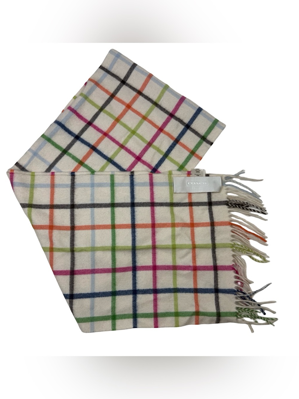 Coach Women's 100% Cashmere Plaid Tattersall Scarf 64”x12”  IVORY / MULTICOLOR